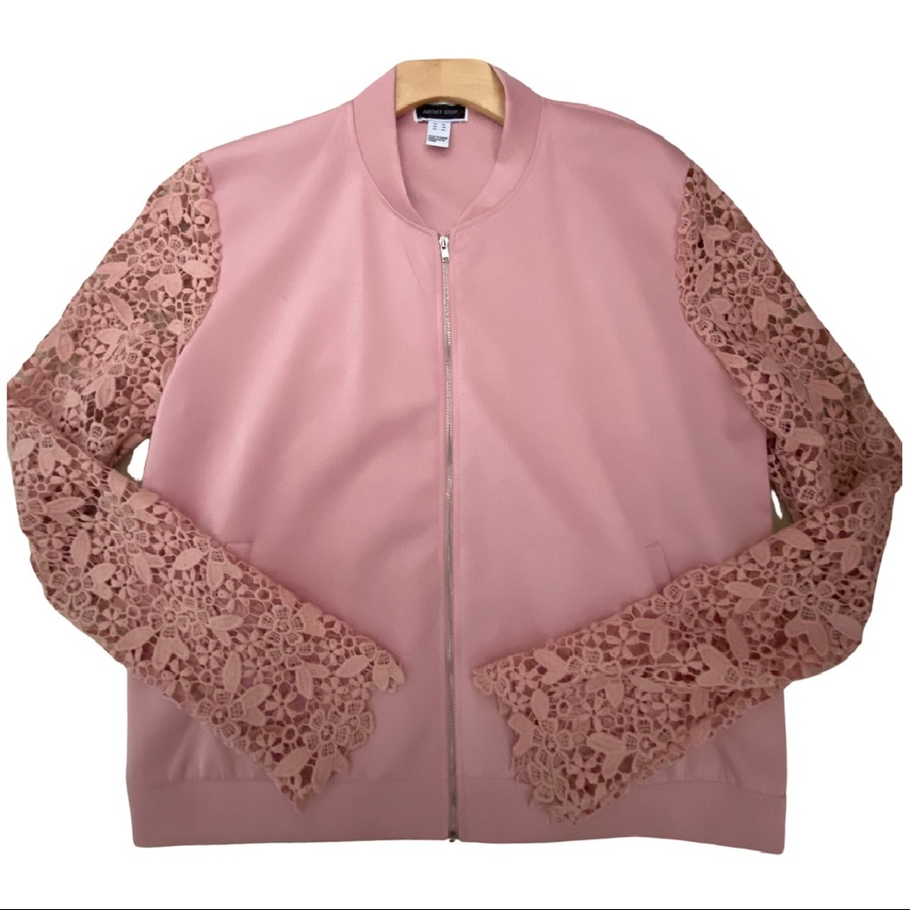 Pink Crochet Sleeve Bomber Jacket Zip Up